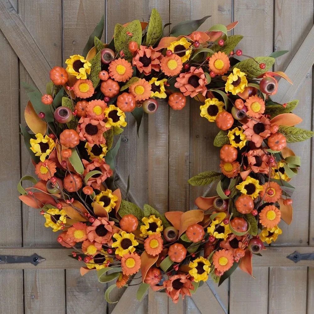 Fall Wreath Artificial Pumpkin Wreath Green Leaves for‎ Front Door Autumn Wreath